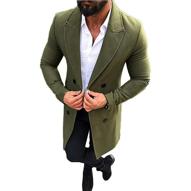 Color : Green, Size : 185/XXL Woolen coat Coats Mens Long Flat Collar Windbreaker Double Row Coat Green Jacket Warm Wool Coat 